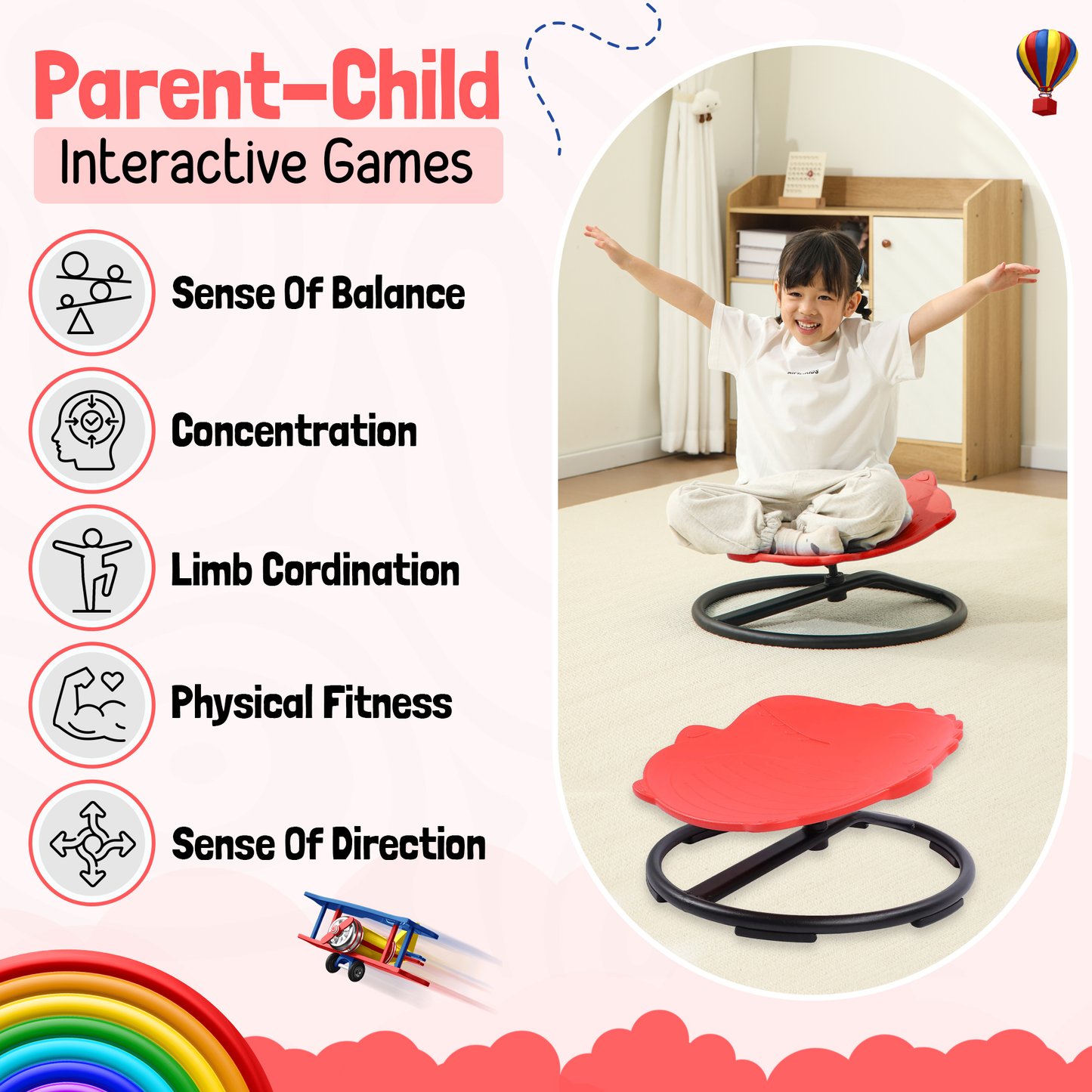 Spinning Chair for Autism Kids - Sensory Chair Dinosaur Sensory Spinning Seat Wobble Chair - Ideal for Autistic Children - Red