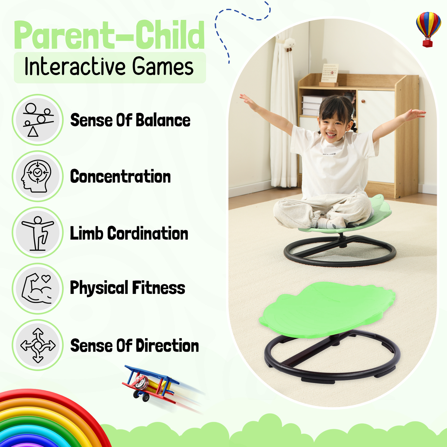 Spinning Chair for Autism Kids - Sensory Chair Dinosaur Sensory Spinning Seat Wobble Chair - Ideal for Autistic Children - Green