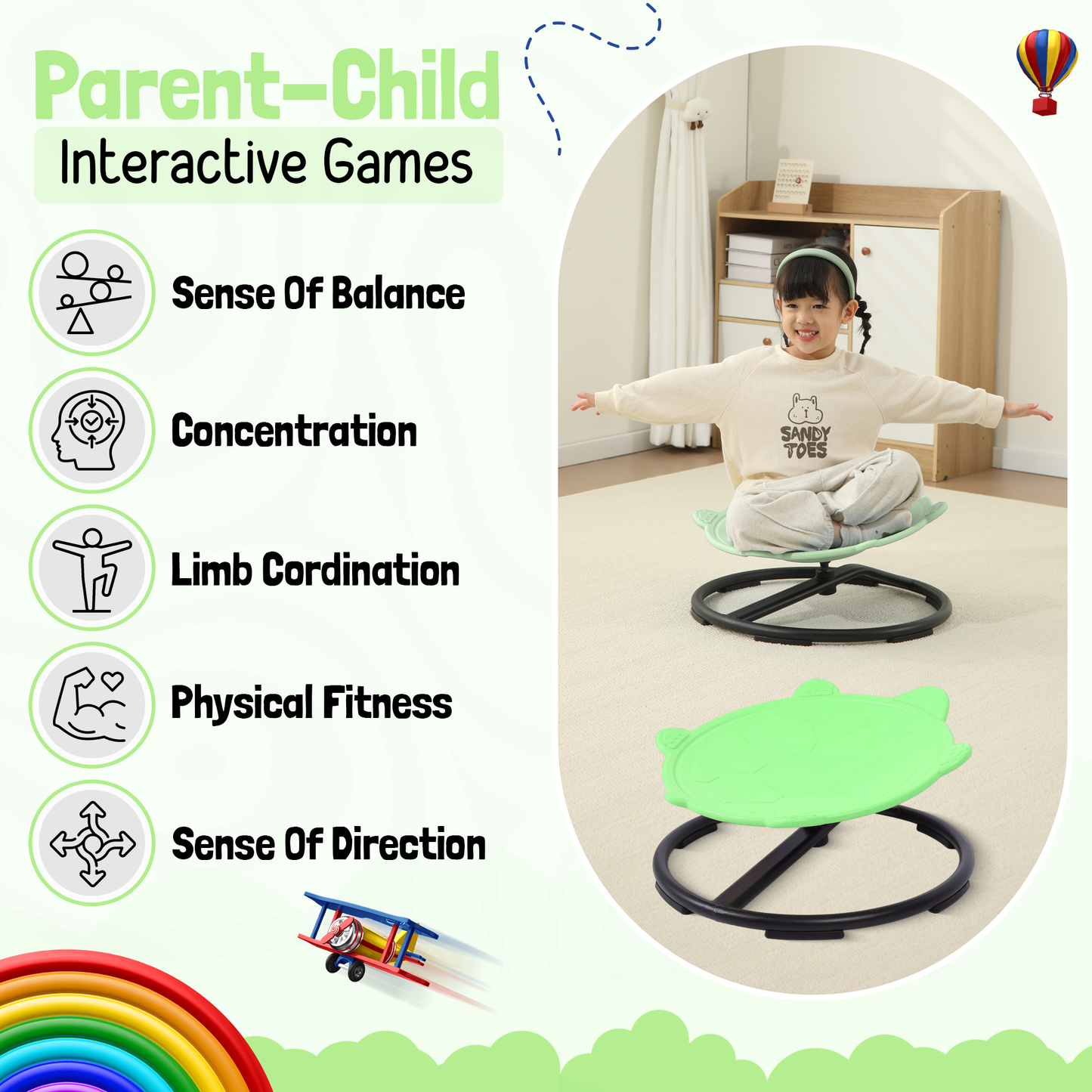 Spinning Chair for Autism Kids - Sensory Chair Turtle Sensory Spinning Seat Wobble Chair - Ideal for Autistic Children - Green