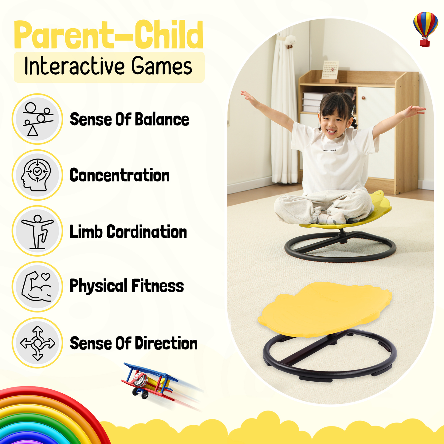 Spinning Chair for Autism Kids - Sensory Chair Dinosaur Sensory Spinning Seat Wobble Chair - Ideal for Autistic Children - Yellow