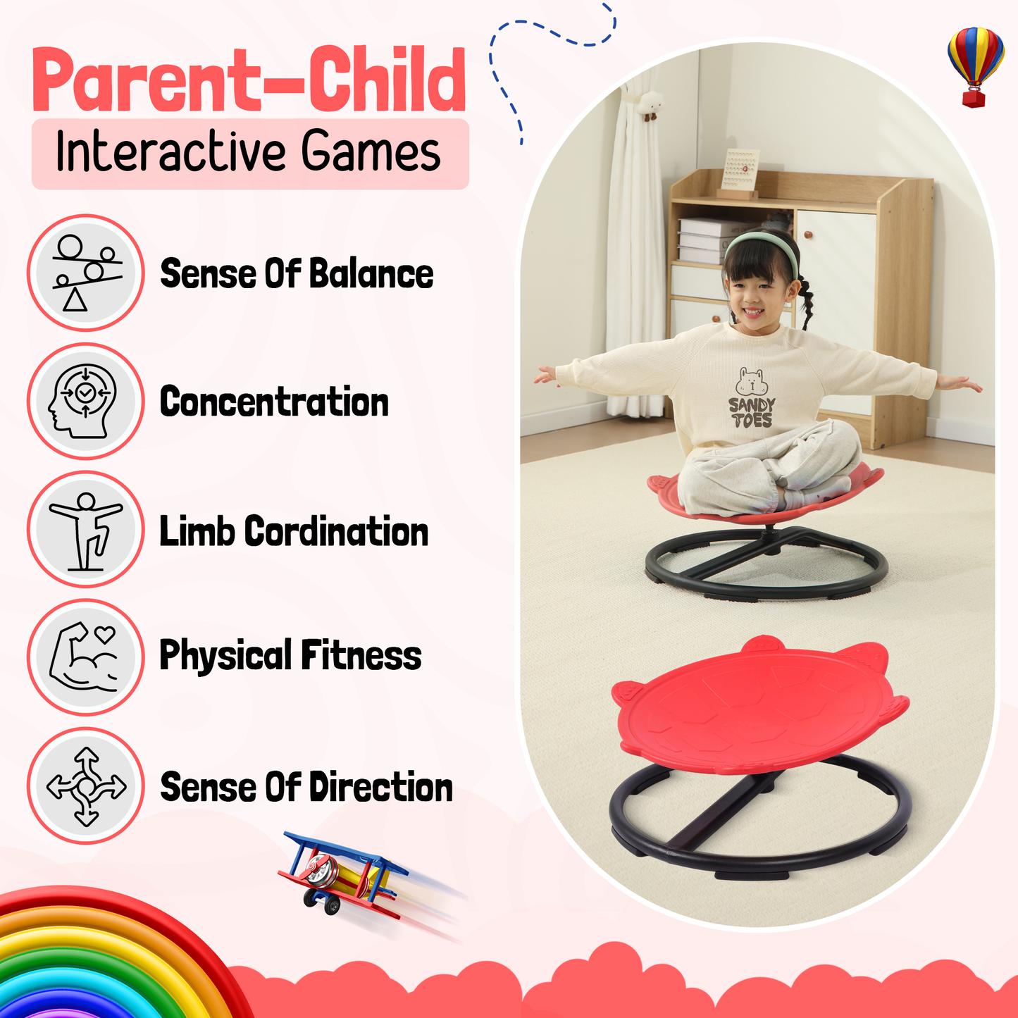 Spinning Chair for Autism Kids - Sensory Chair Turtle Sensory Spinning Seat Wobble Chair - Ideal for Autistic Children - Red