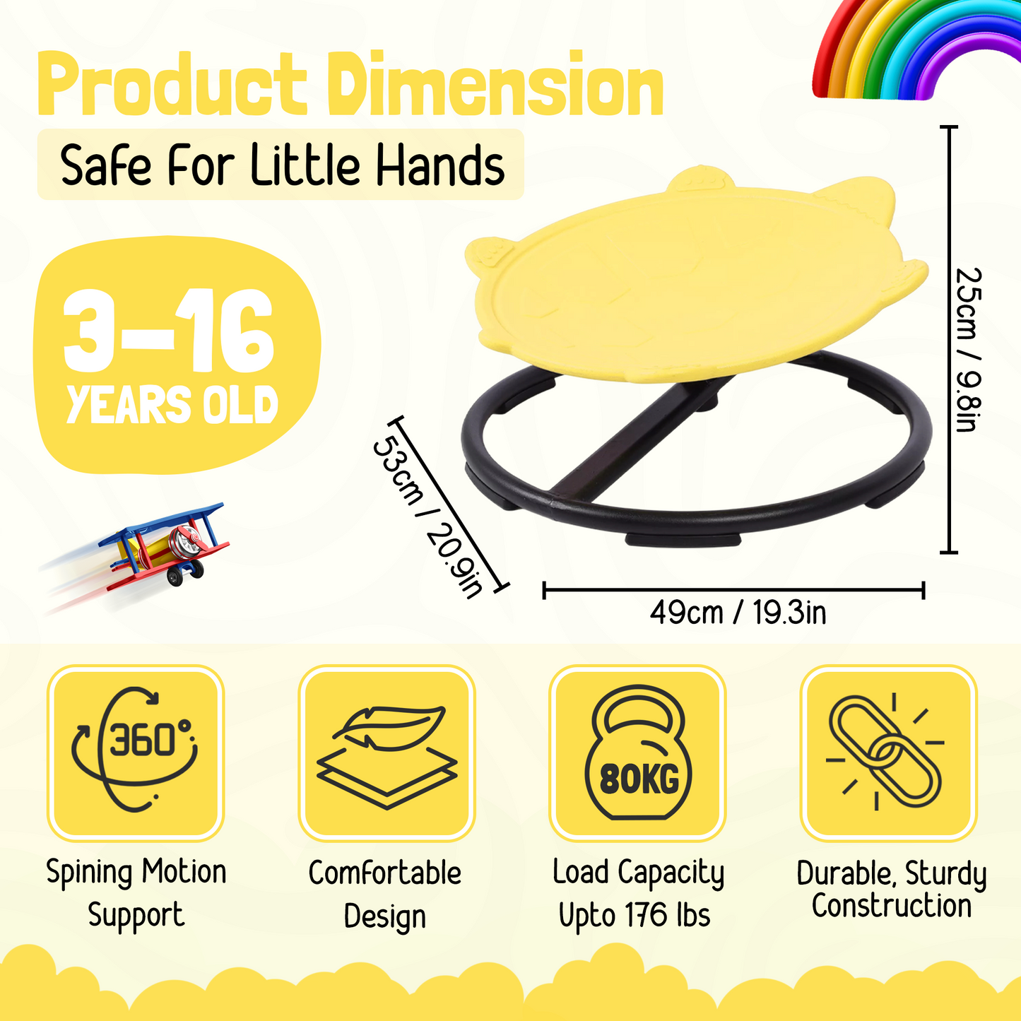 Spinning Chair for Autism Kids - Sensory Chair Turtle Sensory Spinning Seat Wobble Chair - Ideal for Autistic Children - Yellow