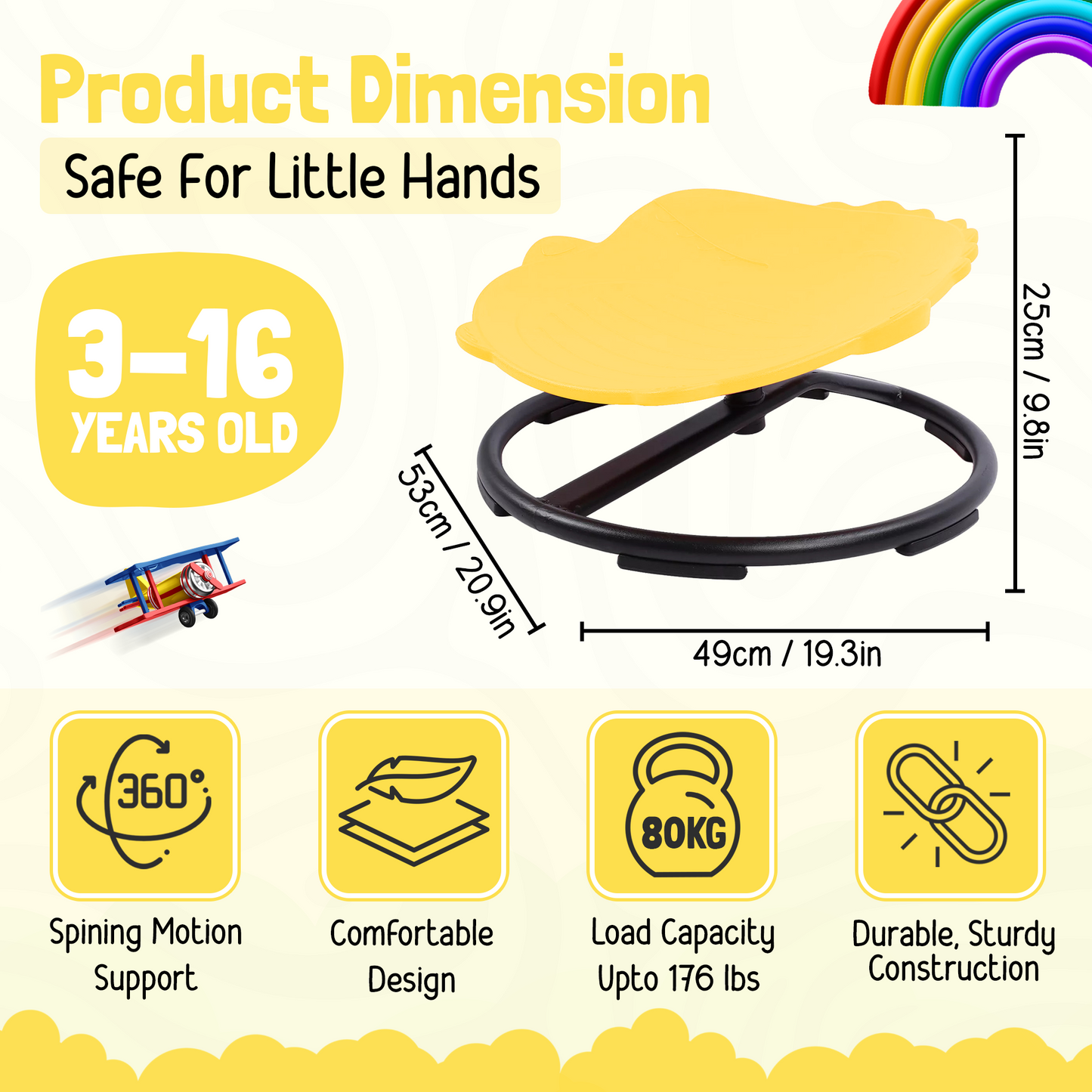 Spinning Chair for Autism Kids - Sensory Chair Dinosaur Sensory Spinning Seat Wobble Chair - Ideal for Autistic Children - Yellow