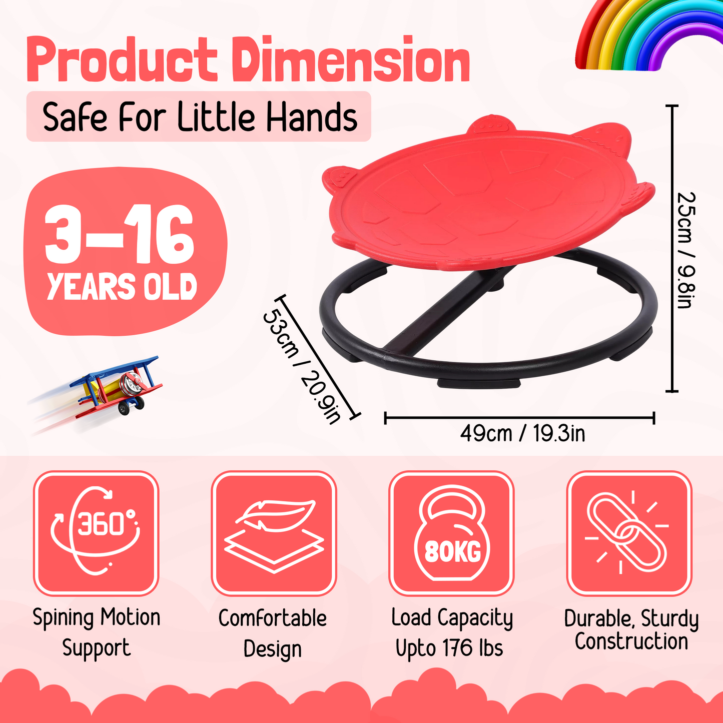 Spinning Chair for Autism Kids - Sensory Chair Turtle Sensory Spinning Seat Wobble Chair - Ideal for Autistic Children - Red