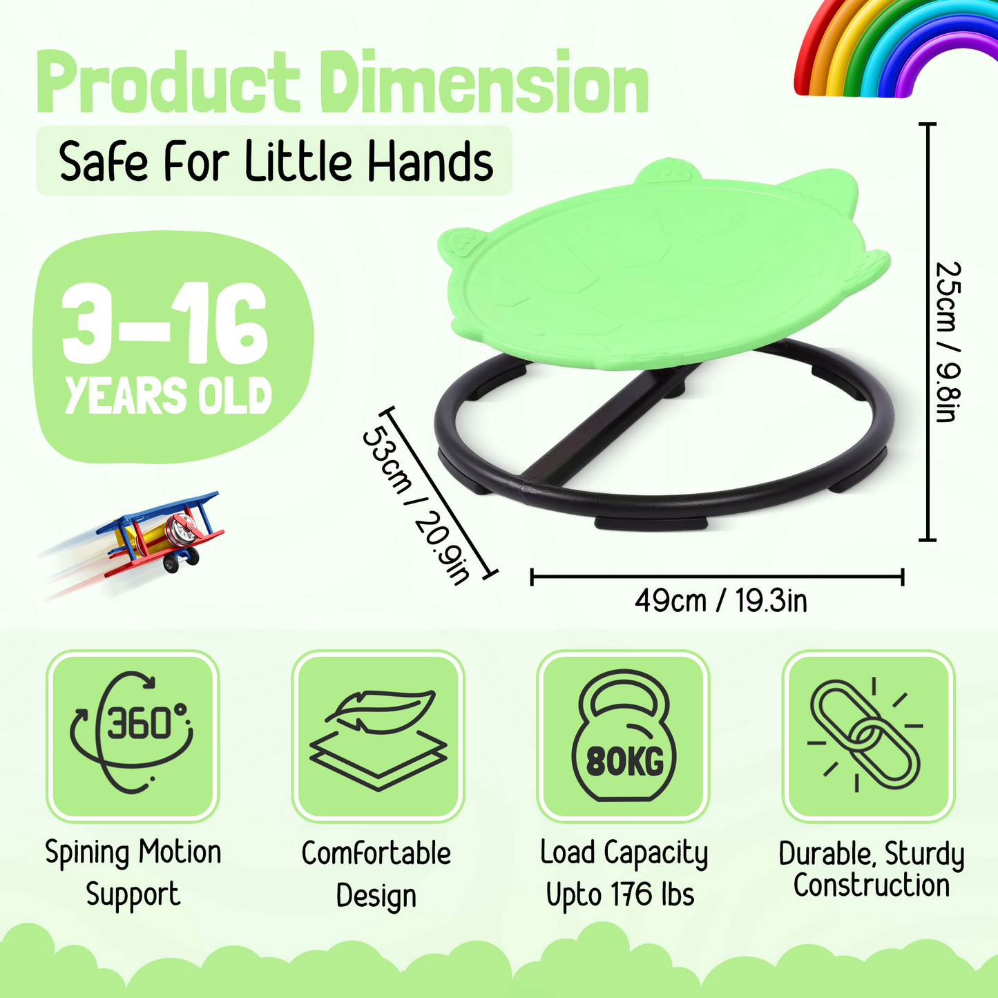 Spinning Chair for Autism Kids - Sensory Chair Turtle Sensory Spinning Seat Wobble Chair - Ideal for Autistic Children - Green