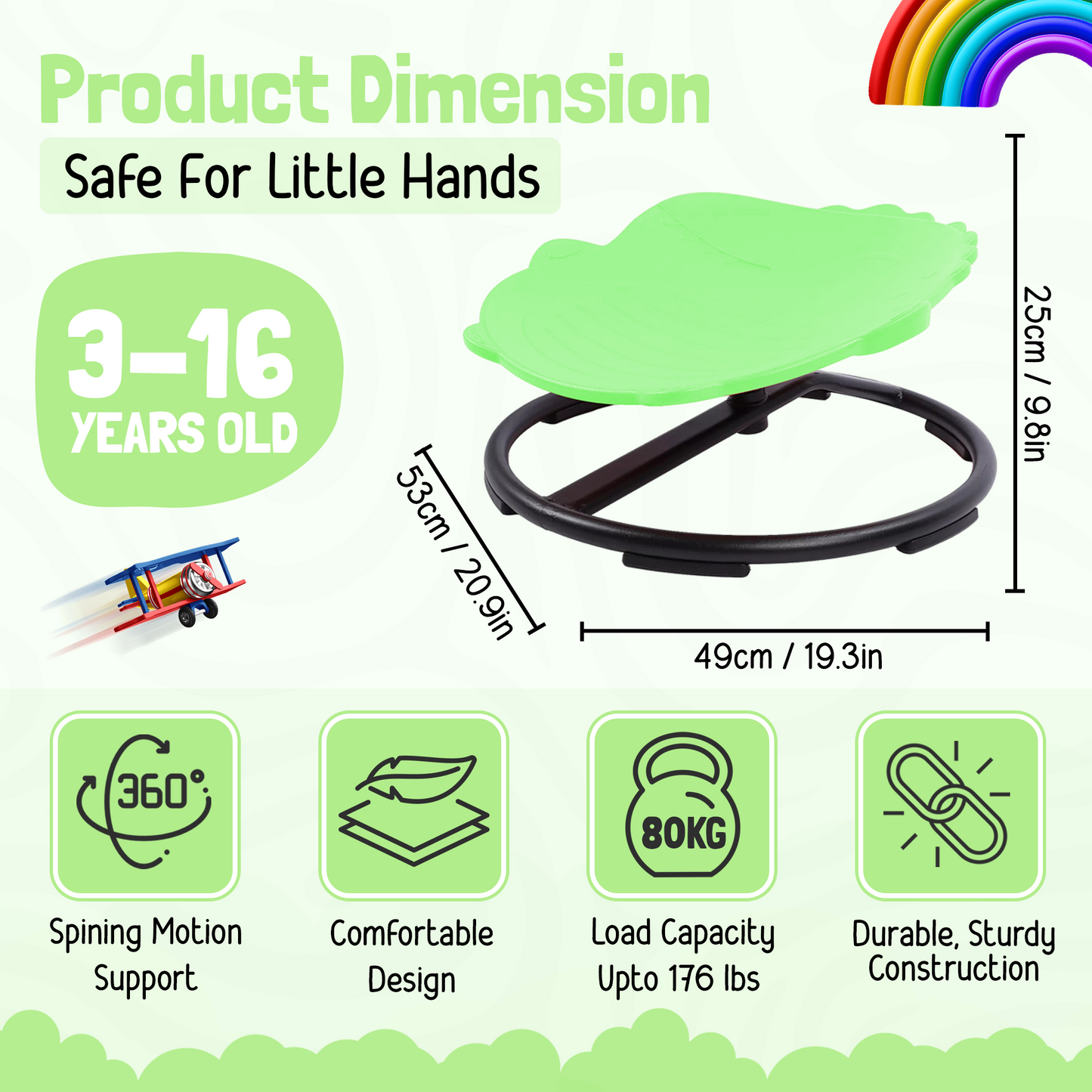 Spinning Chair for Autism Kids - Sensory Chair Dinosaur Sensory Spinning Seat Wobble Chair - Ideal for Autistic Children - Green