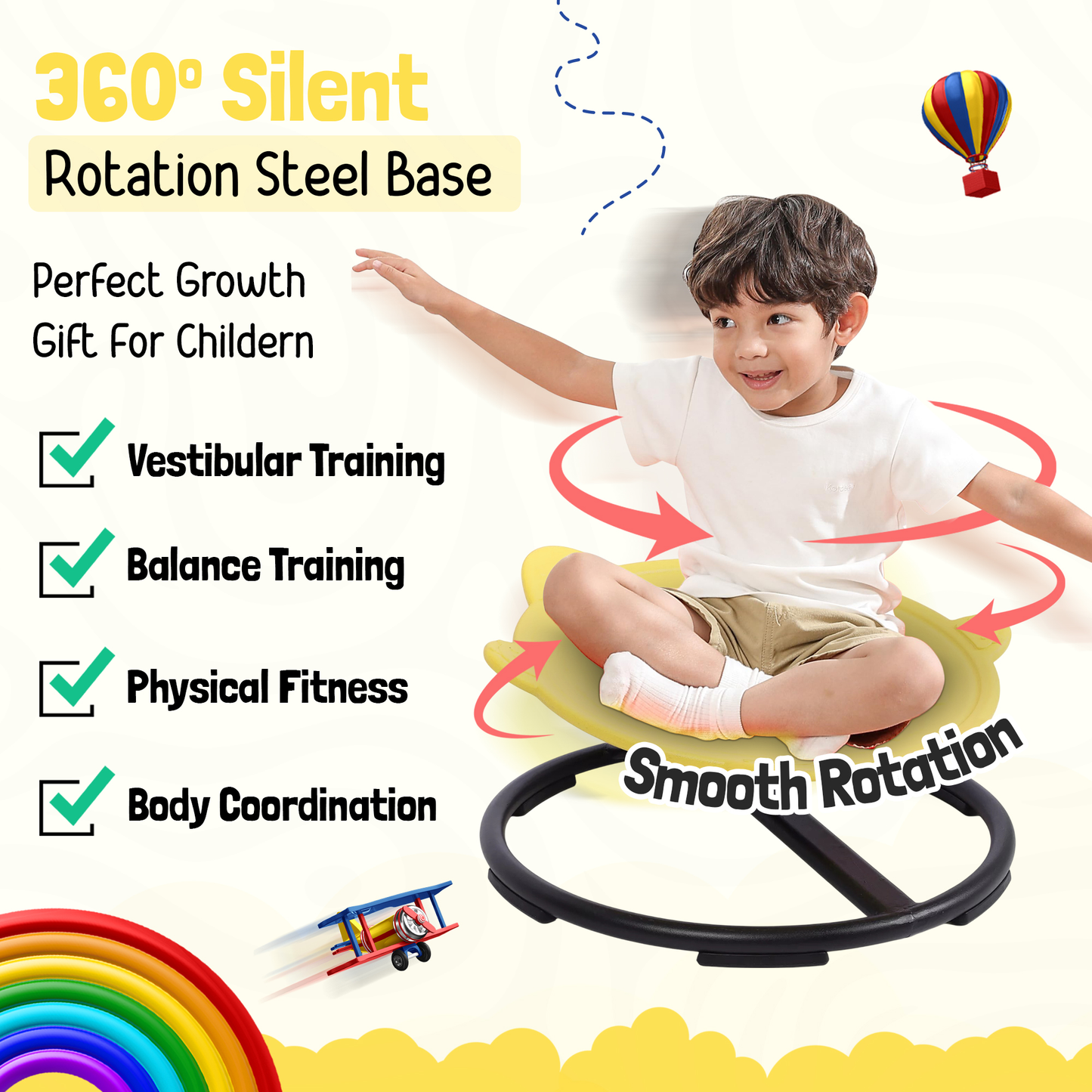 Spinning Chair for Autism Kids - Sensory Chair Turtle Sensory Spinning Seat Wobble Chair - Ideal for Autistic Children - Yellow